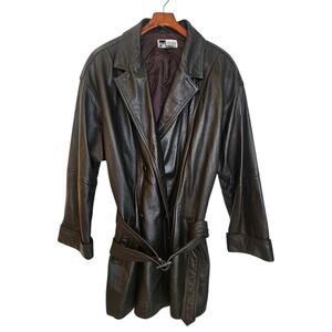 Together! Vintage Dark Brown Leather Double Breasted Trench Coat with Belt